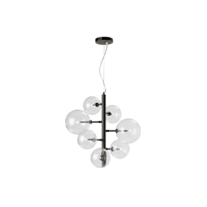 Contemporary chandelier with seven crystal glass balls on a sleek black frame, featuring integrated LED lights for a glowing modern finish.