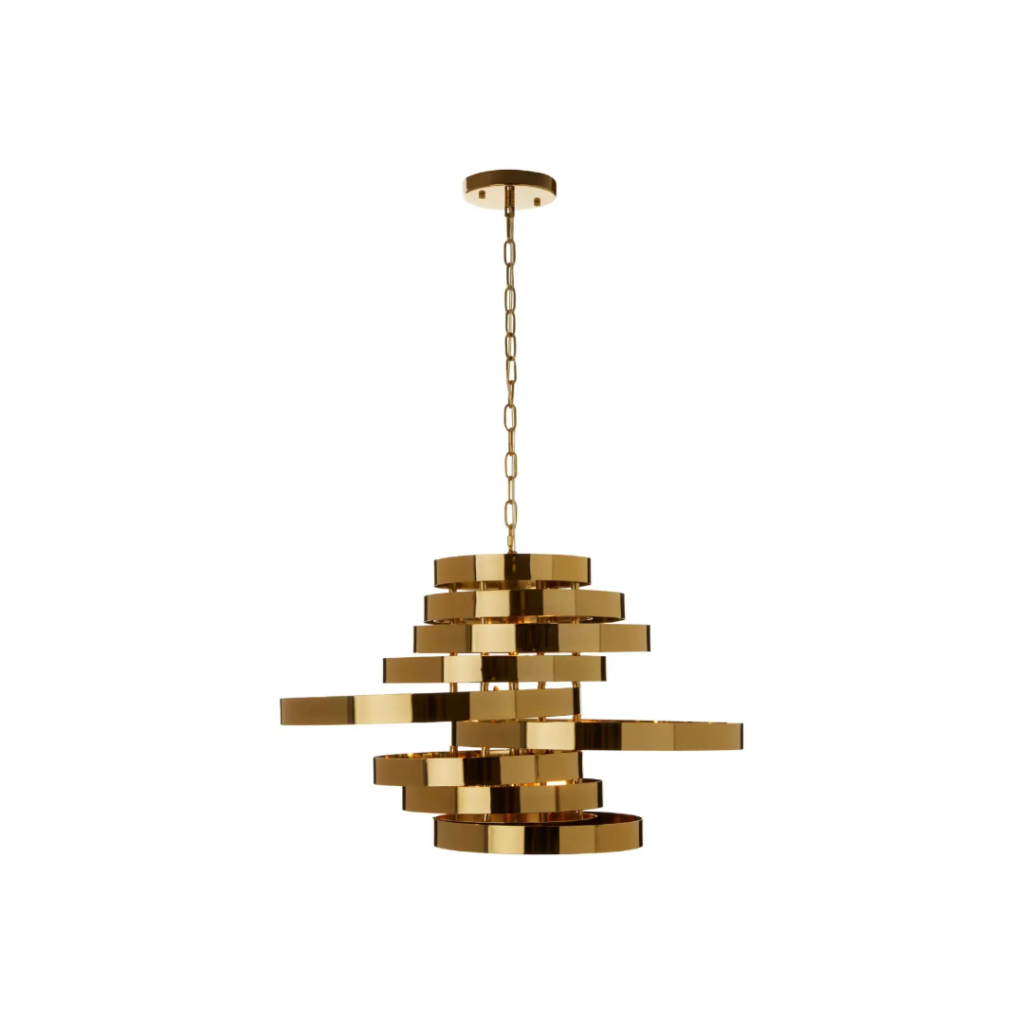 Luxe gold pendant light with concentric circular rings and 5-bulb design, perfect for upscale interior lighting.