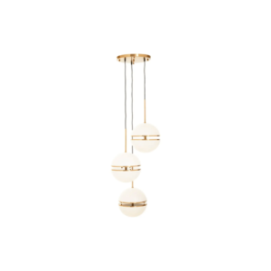 Three-globe pendant light in brushed brass finish with split glass design for soft diffusion, creating a modern and luxurious lighting statement.