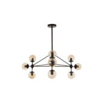 Matte black 10-arm pendant light with tinted brown glass globes in a geometric prismatic layout, ideal for industrial and mid-century interiors.
