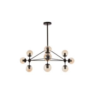 Matte black 10-arm pendant light with tinted brown glass globes in a geometric prismatic layout, ideal for industrial and mid-century interiors.