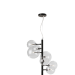 Contemporary chandelier with seven crystal glass balls on a sleek black frame, featuring integrated LED lights for a glowing modern finish.