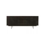 Modern black carved wood sideboard with abstract pattern and slim black metal legs, featuring ample concealed storage.