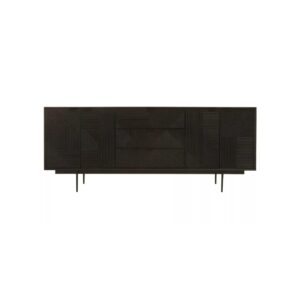 Modern black carved wood sideboard with abstract pattern and slim black metal legs, featuring ample concealed storage.
