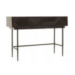 Black console table with textured carved wood top and slim black metal legs, ideal for modern entryway or hallway use.