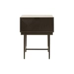 Black finish side table with textured carved wood drawer and minimalist metal legs – ideal for bedrooms or living areas.