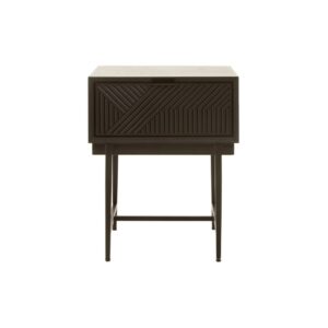 Black finish side table with textured carved wood drawer and minimalist metal legs – ideal for bedrooms or living areas.