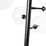 Contemporary chandelier with seven crystal glass balls on a sleek black frame, featuring integrated LED lights for a glowing modern finish.