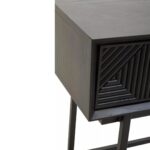 Black console table with textured carved wood top and slim black metal legs, ideal for modern entryway or hallway use.