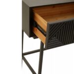 Black console table with textured carved wood top and slim black metal legs, ideal for modern entryway or hallway use.