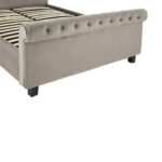 Romir king-size bed with grey velvet upholstery, rolled headboard and footboard, button tufting, and lift-up ottoman storage.