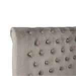 Romir king-size bed with grey velvet upholstery, rolled headboard and footboard, button tufting, and lift-up ottoman storage.