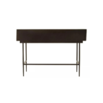 Black console table with textured carved wood top and slim black metal legs, ideal for modern entryway or hallway use.