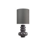 UNFO Black Table Lamp – 98cm earthenware lamp with bronze finish, circular cut-out base, and grey shade. Sculptural lighting for luxury interiors.