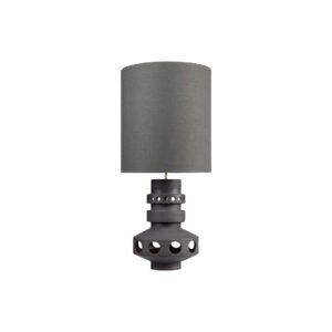 UNFO Black Table Lamp – 98cm earthenware lamp with bronze finish, circular cut-out base, and grey shade. Sculptural lighting for luxury interiors.