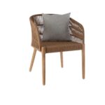 RICHARD Outdoor Armchair by Verdara Living with Danish brushed eucalyptus frame, hand-woven latte rope, and light grey cushion, designed for Nordic-style outdoor spaces.