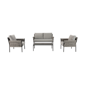 SLATER Dark Grey and Black Outdoor Sofa Set – 4-piece garden furniture set with woven rope detailing and sleek metal frame.
