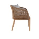 RICHARD Outdoor Armchair by Verdara Living with Danish brushed eucalyptus frame, hand-woven latte rope, and light grey cushion, designed for Nordic-style outdoor spaces.