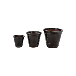 Set of three matte black rounded flower pots in different sizes, ideal for modern indoor or outdoor plant styling.