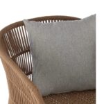 RICHARD Outdoor Armchair by Verdara Living with Danish brushed eucalyptus frame, hand-woven latte rope, and light grey cushion, designed for Nordic-style outdoor spaces.