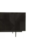 Modern black carved wood sideboard with abstract pattern and slim black metal legs, featuring ample concealed storage.