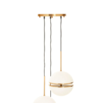 Three-globe pendant light in brushed brass finish with split glass design for soft diffusion, creating a modern and luxurious lighting statement.