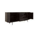 Modern black carved wood sideboard with abstract pattern and slim black metal legs, featuring ample concealed storage.