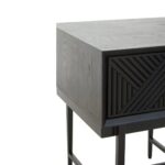Black finish side table with textured carved wood drawer and minimalist metal legs – ideal for bedrooms or living areas.