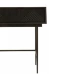 Black console table with textured carved wood top and slim black metal legs, ideal for modern entryway or hallway use.