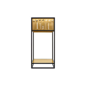 Contemporary table lamp with black frame and brushed brass top, featuring vertical slats that emit ambient light—ideal for stylish, modern interiors.