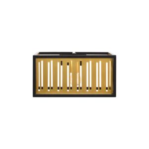 Modern wall lamp with black frame and brushed gold brass finish, featuring a slatted front design that softly diffuses warm light in compact dimensions.