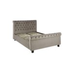 Romir king-size bed with grey velvet upholstery, rolled headboard and footboard, button tufting, and lift-up ottoman storage.