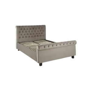 Romir king-size bed with grey velvet upholstery, rolled headboard and footboard, button tufting, and lift-up ottoman storage.