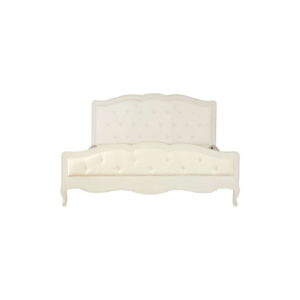White carved wooden bed with upholstered buttoned panels, featuring a rustic weathered finish and bohemian French-inspired design.