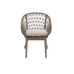 LHAE Outdoor Armchair by Verdara Living with curved hand-woven back, grey foam cushion and tapered wooden legs for modern patio and garden comfort.