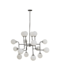 Modern pendant light with 16 black arms, chrome-finish center, and white glass globe shades, ideal for large contemporary interiors.
