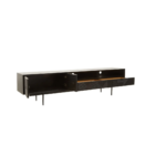 Black carved wood TV/media unit with slim black metal legs, featuring ample storage and wide top surface for large televisions.
