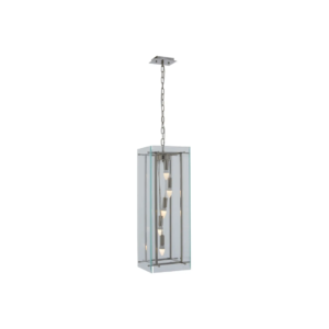 Five bulb nickel pendant light with a clear glass rectangular frame, ideal for industrial or contemporary home lighting.