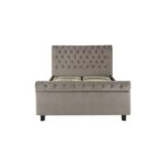 ROMIR Grey Kingsize Ottoman Bed with steel grey velvet upholstery, rolled headboard and footboard, diamond button tufting, and ottoman storage base.