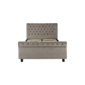 ROMIR Grey Kingsize Ottoman Bed with steel grey velvet upholstery, rolled headboard and footboard, diamond button tufting, and ottoman storage base.