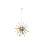 Starburst chandelier with smoke grey glass rods, chrome finish, and crystal detailing – a bold statement light for contemporary interiors.