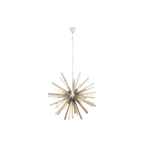 Starburst chandelier with smoke grey glass rods, chrome finish, and crystal detailing – a bold statement light for contemporary interiors.