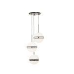 Vertical pendant light with three frosted glass globes and matte black metal finish, designed for modern and minimalist interiors.