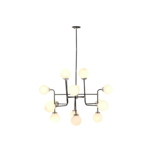 Modern pendant light with 16 black arms, chrome-finish center, and white glass globe shades, ideal for large contemporary interiors.