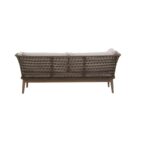 LHAE three seat outdoor sofa by Verdara Living with bronze and charcoal cushions, wood frame and tapered legs for stylish garden or patio seating.