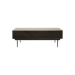Black finish coffee table with carved wood surface and slender metal legs, perfect for contemporary living room settings.