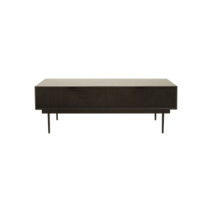 Black finish coffee table with carved wood surface and slender metal legs, perfect for contemporary living room settings.