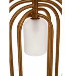 Gold metal pendant light with oval overlapping frames and frosted glass diffuser, modern and elegant ceiling light design.