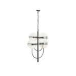 Matte black four-globe pendant light with split-shade design for ambient lighting and modern minimalist appeal.