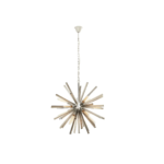 Starburst chandelier with smoke grey glass rods, chrome finish, and crystal detailing – a bold statement light for contemporary interiors.